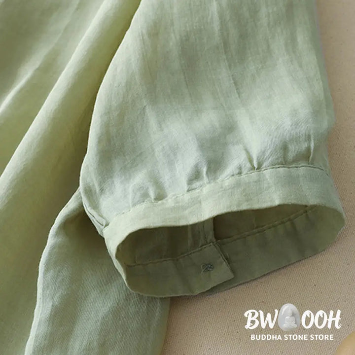 Buddha Stones Casual Shooting Star Embroidery V-Neck Half Sleeve Cotton Linen Women’s Shirt - Women’s Shirts