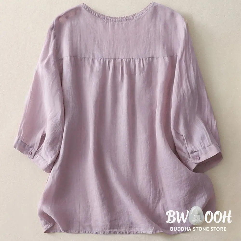 Buddha Stones Casual Shooting Star Embroidery V-Neck Half Sleeve Cotton Linen Women’s Shirt - Women’s Shirts