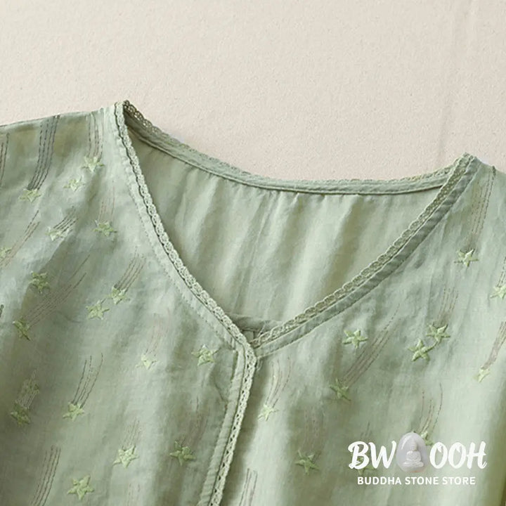 Buddha Stones Casual Shooting Star Embroidery V-Neck Half Sleeve Cotton Linen Women’s Shirt - Women’s Shirts