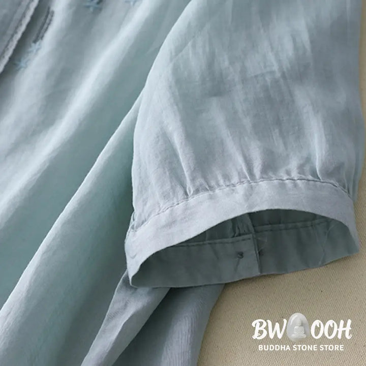 Buddha Stones Casual Shooting Star Embroidery V-Neck Half Sleeve Cotton Linen Women’s Shirt - Women’s Shirts