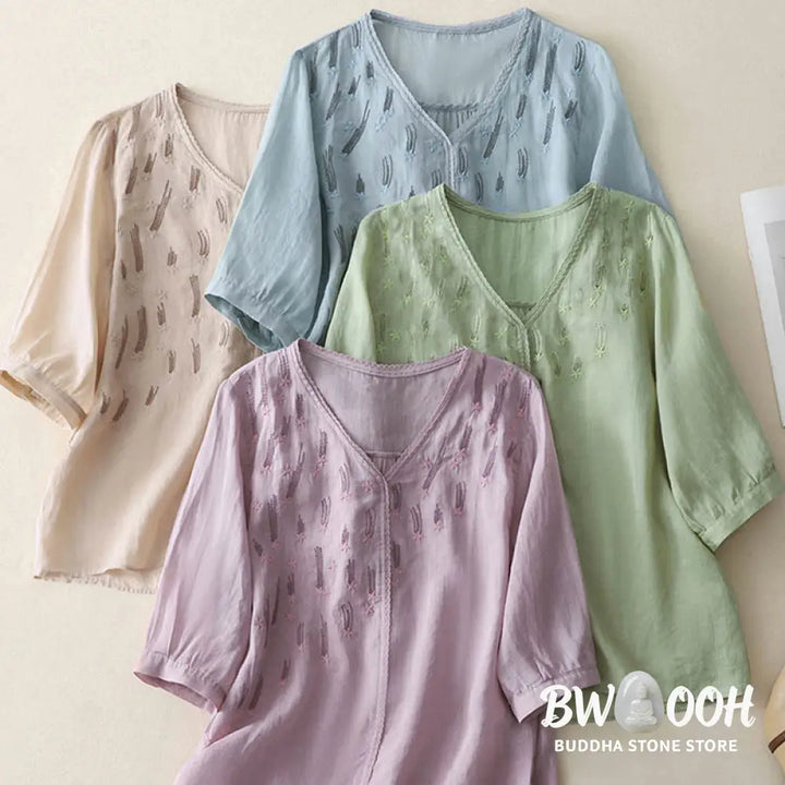 Buddha Stones Casual Shooting Star Embroidery V-Neck Half Sleeve Cotton Linen Women’s Shirt - Women’s Shirts