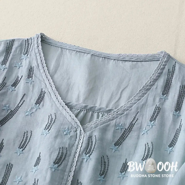 Buddha Stones Casual Shooting Star Embroidery V-Neck Half Sleeve Cotton Linen Women’s Shirt - Women’s Shirts