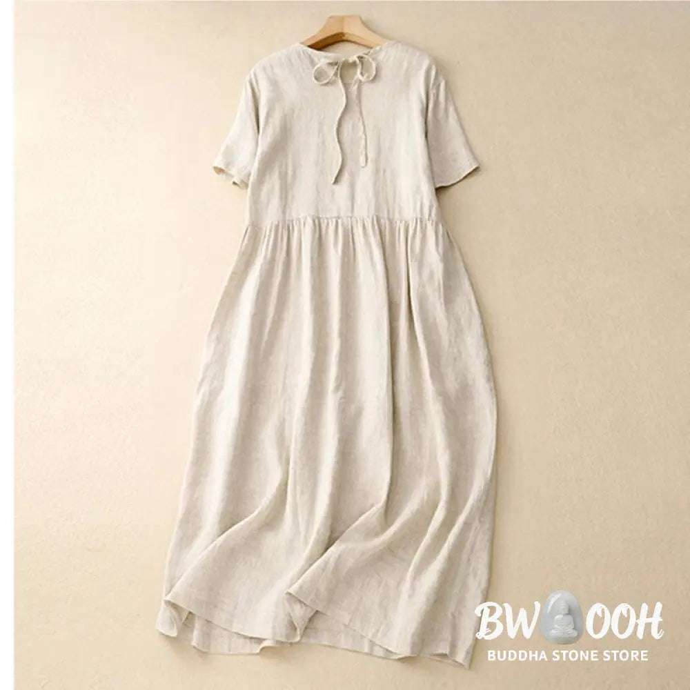 Buddha Stones Casual Short Sleeve Bowknot Tie Straps Women’s Midi Dress With Pockets - Midi Dress