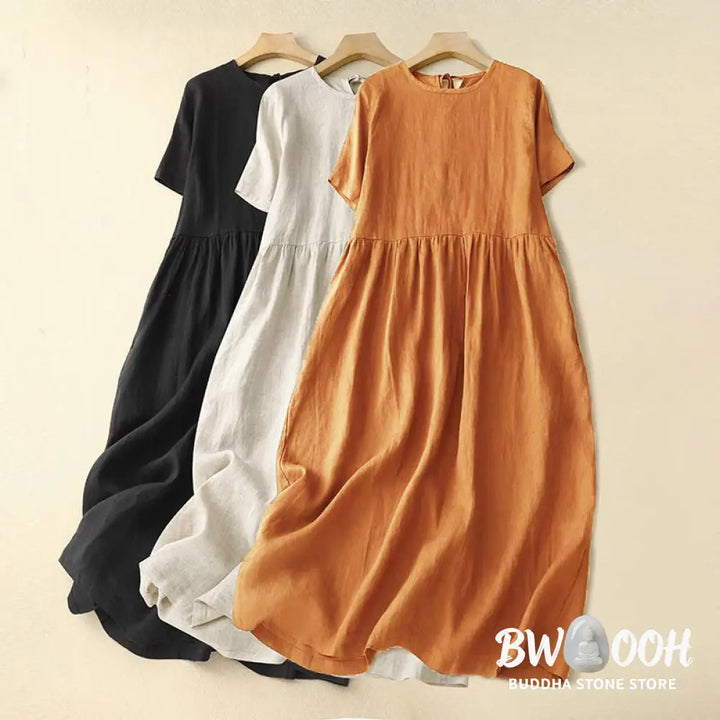 Buddha Stones Casual Short Sleeve Bowknot Tie Straps Women’s Midi Dress With Pockets - Midi Dress