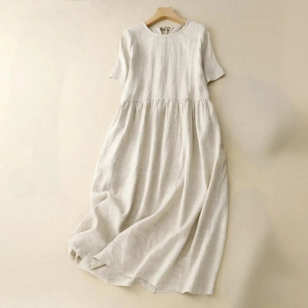 Buddha Stones Casual Short Sleeve Bowknot Tie Straps Women’s Midi Dress With Pockets - Beige / US4，UK/AU8，EU36 (L)