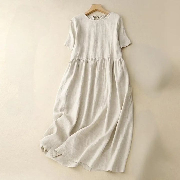 Buddha Stones Casual Short Sleeve Bowknot Tie Straps Women’s Midi Dress With Pockets - Beige / US4，UK/AU8，EU36 (L)