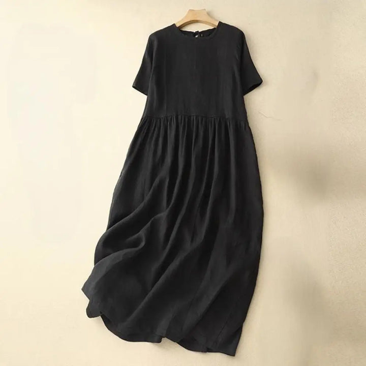 Buddha Stones Casual Short Sleeve Bowknot Tie Straps Women’s Midi Dress With Pockets - Black / US4，UK/AU8，EU36 (L)