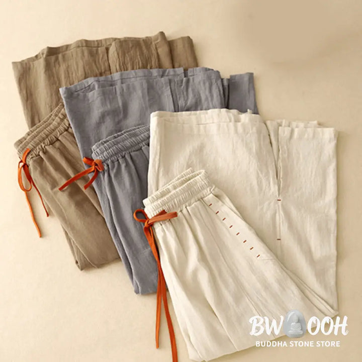 Buddha Stones Casual Side Slits Design Cotton Women’s Wide Leg 7-8 Length Pants With Pockets - Women’s Wide Leg Pants