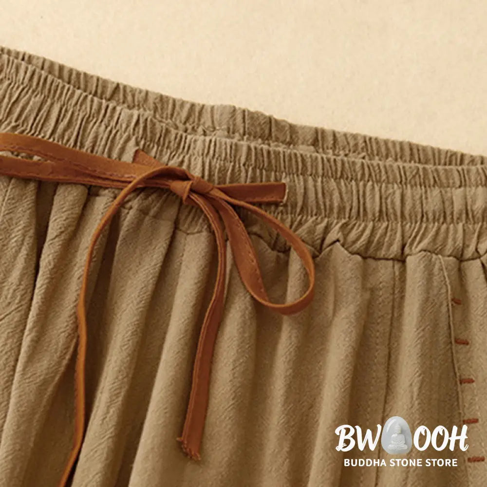 Buddha Stones Casual Side Slits Design Cotton Women’s Wide Leg 7-8 Length Pants With Pockets - Women’s Wide Leg Pants