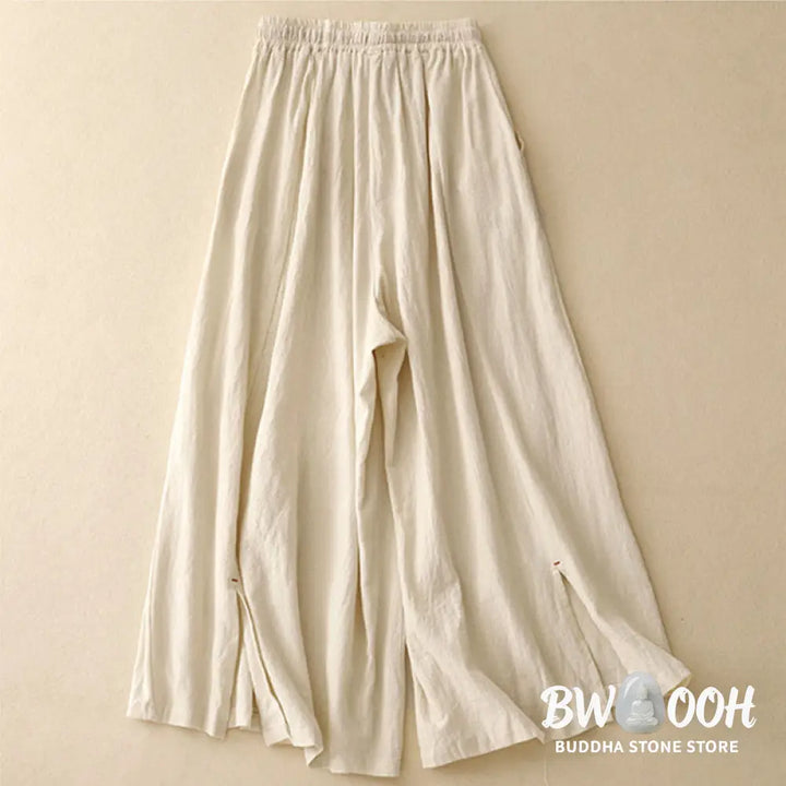 Buddha Stones Casual Side Slits Design Cotton Women’s Wide Leg 7-8 Length Pants With Pockets - Women’s Wide Leg Pants