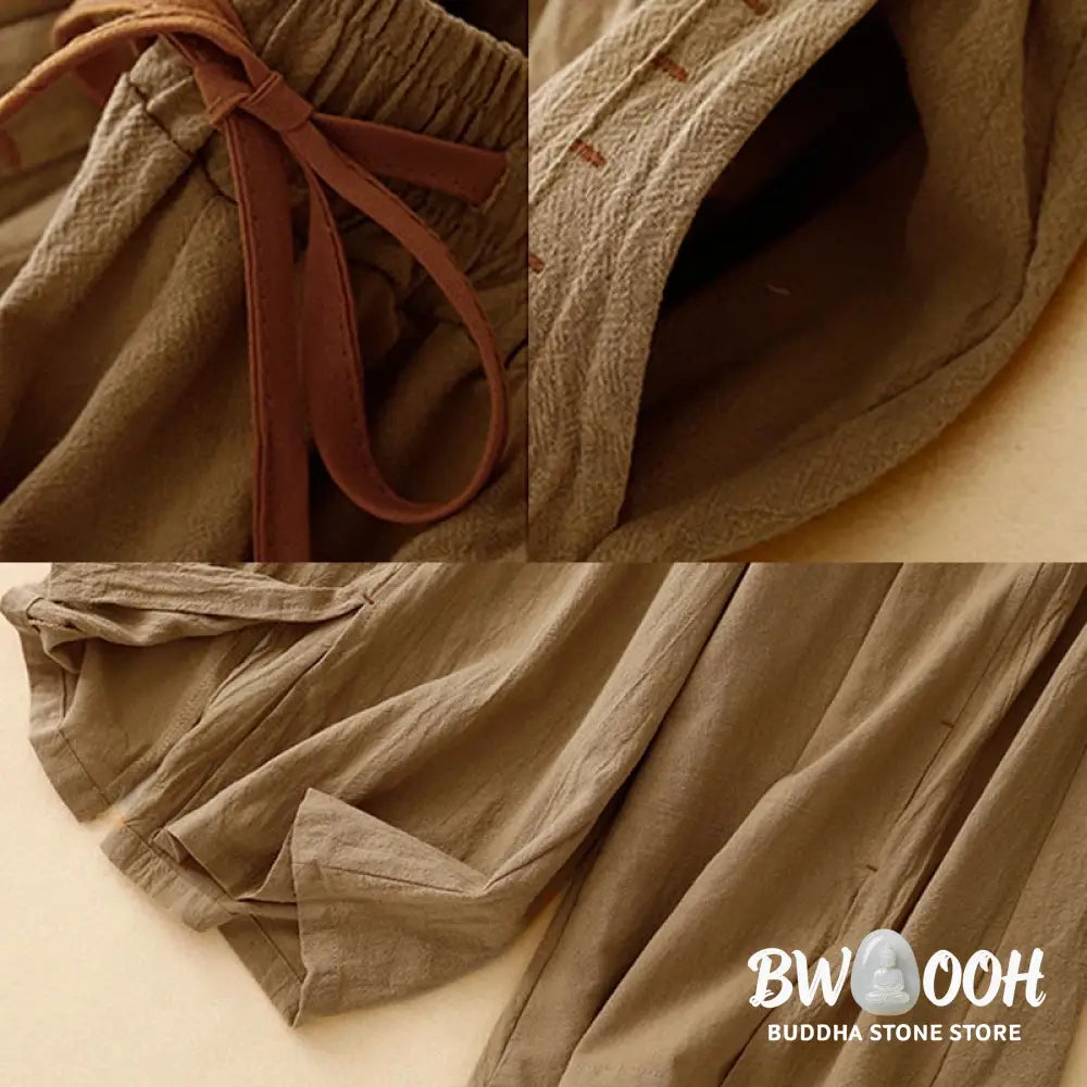 Buddha Stones Casual Side Slits Design Cotton Women’s Wide Leg 7-8 Length Pants With Pockets - Women’s Wide Leg Pants