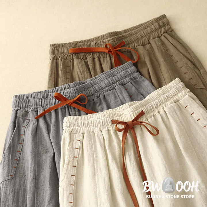 Buddha Stones Casual Side Slits Design Cotton Women’s Wide Leg 7-8 Length Pants With Pockets - Women’s Wide Leg Pants