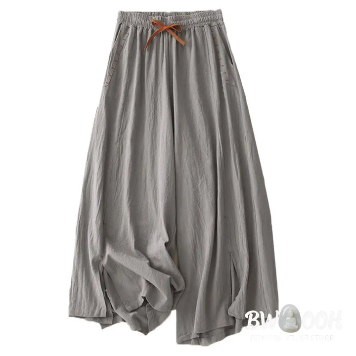 Buddha Stones Casual Side Slits Design Cotton Women’s Wide Leg 7-8 Length Pants With Pockets - Women’s Wide Leg Pants