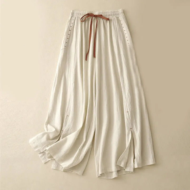 Buddha Stones Casual Side Slits Design Cotton Women’s Wide Leg 7-8 Length Pants With Pockets - Cornsilk