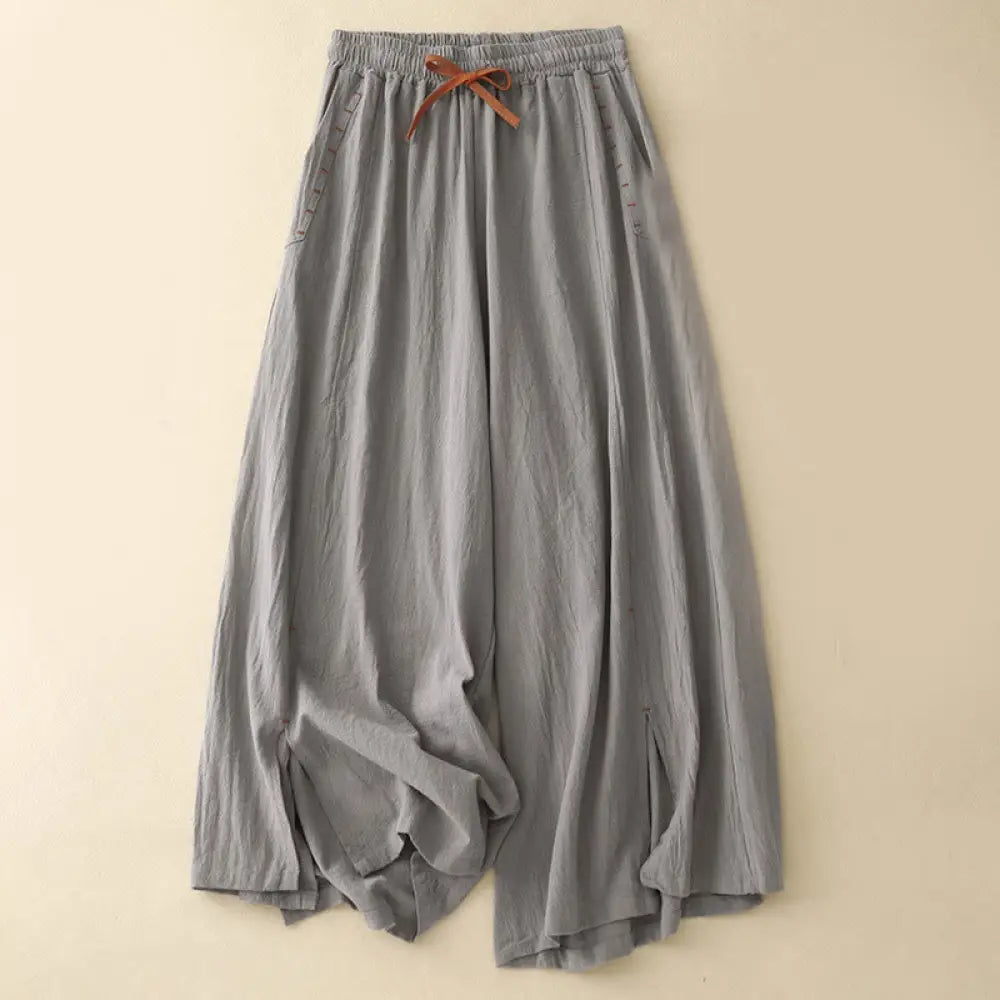 Buddha Stones Casual Side Slits Design Cotton Women’s Wide Leg 7-8 Length Pants With Pockets - DarkGray