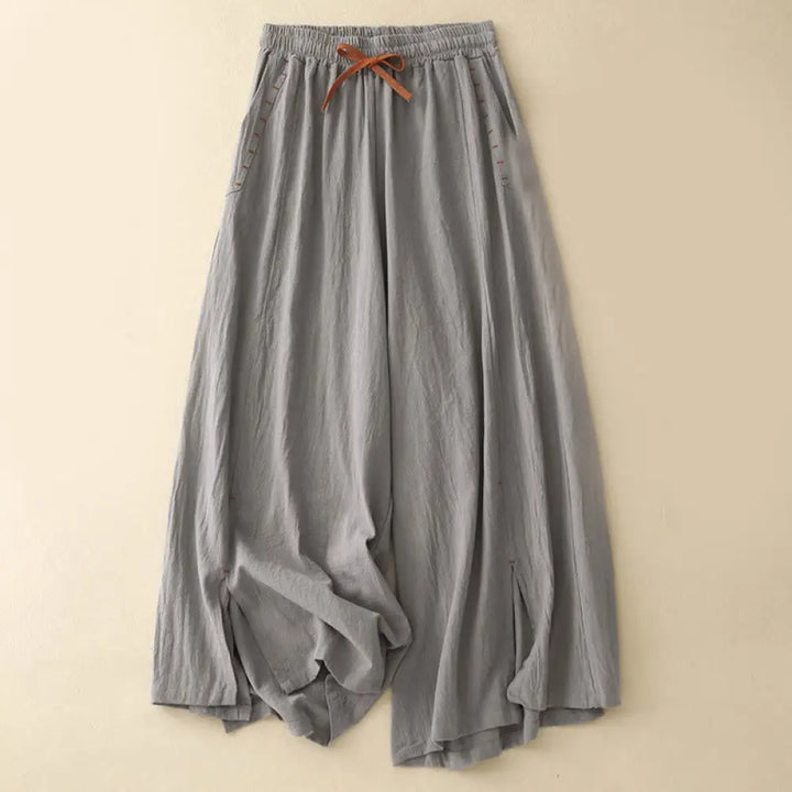 Buddha Stones Casual Side Slits Design Cotton Women’s Wide Leg 7-8 Length Pants With Pockets - DarkGray