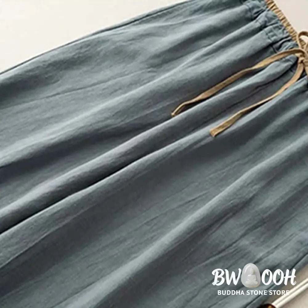 Buddha Stones Casual Solid Color Cotton Linen Drawstring Women's Pants With Pockets - Women's Pants