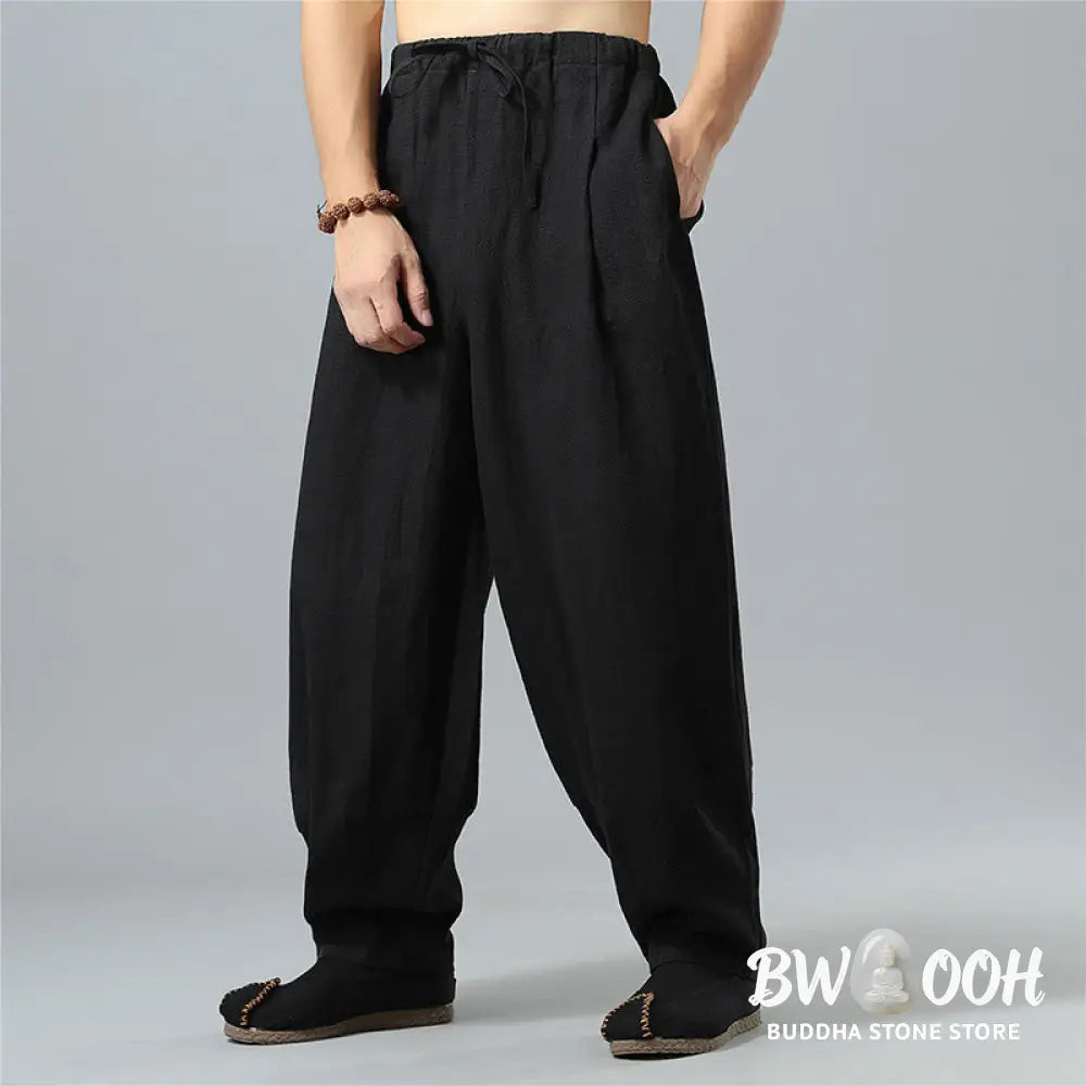 Buddha Stones Casual Solid Color Drawstring Cotton Linen Men’s Pants With Pockets - Men’s Pants