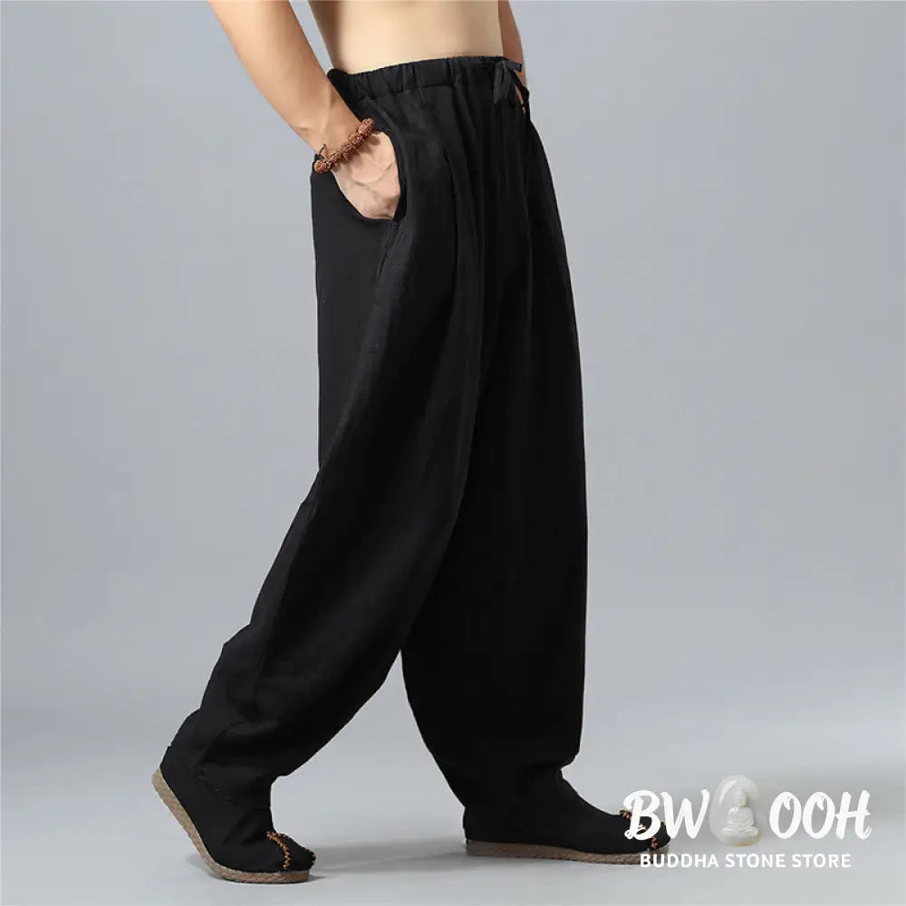 Buddha Stones Casual Solid Color Drawstring Cotton Linen Men’s Pants With Pockets - Men’s Pants
