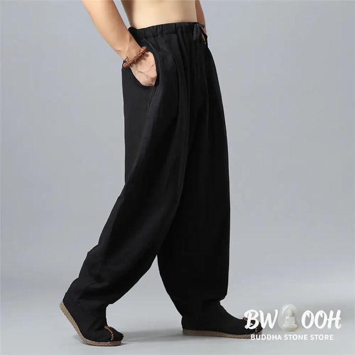 Buddha Stones Casual Solid Color Drawstring Cotton Linen Men’s Pants With Pockets - Men’s Pants