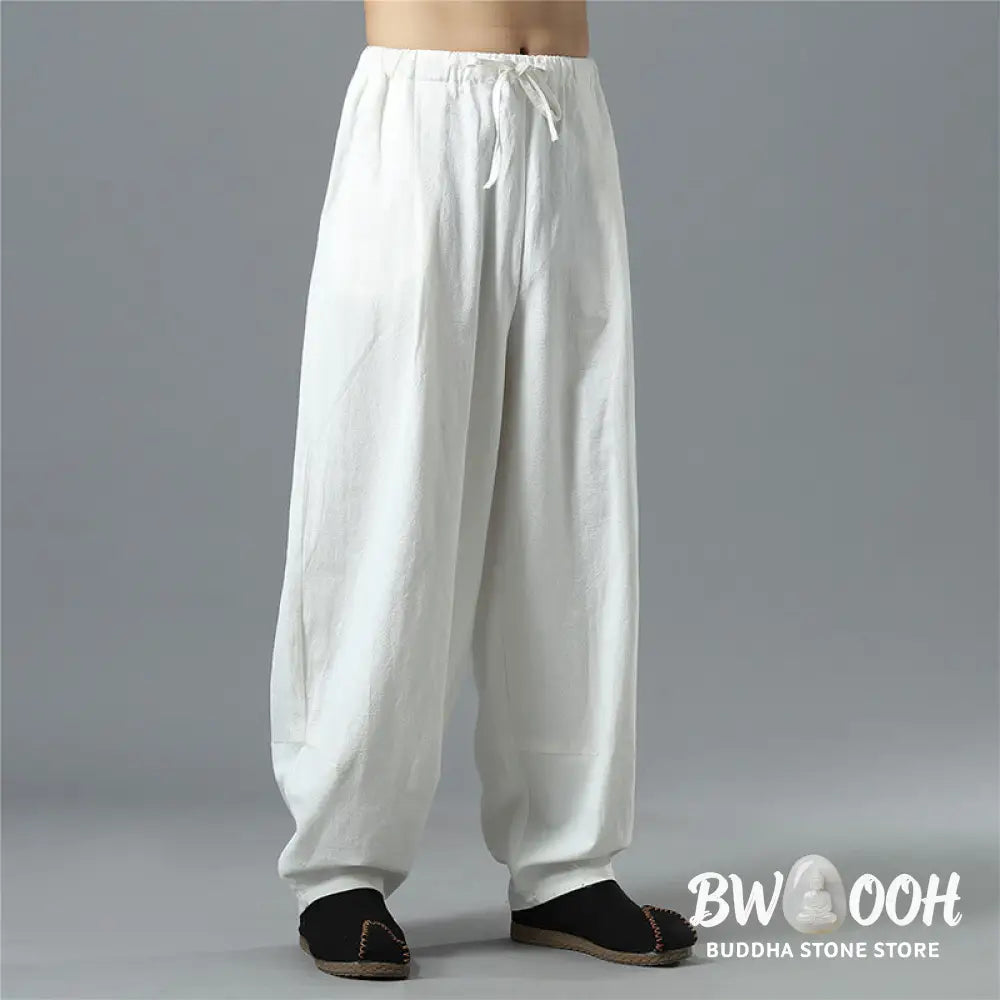 Buddha Stones Casual Solid Color Drawstring Cotton Linen Men’s Pants With Pockets - Men’s Pants