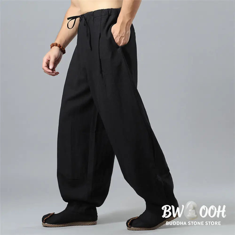 Buddha Stones Casual Solid Color Drawstring Cotton Linen Men’s Pants With Pockets - Men’s Pants