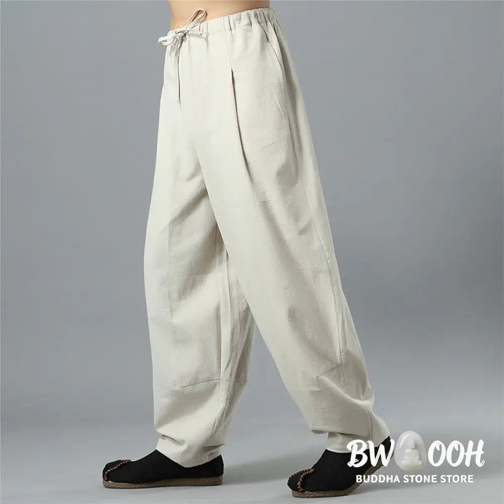 Buddha Stones Casual Solid Color Drawstring Cotton Linen Men’s Pants With Pockets - Men’s Pants
