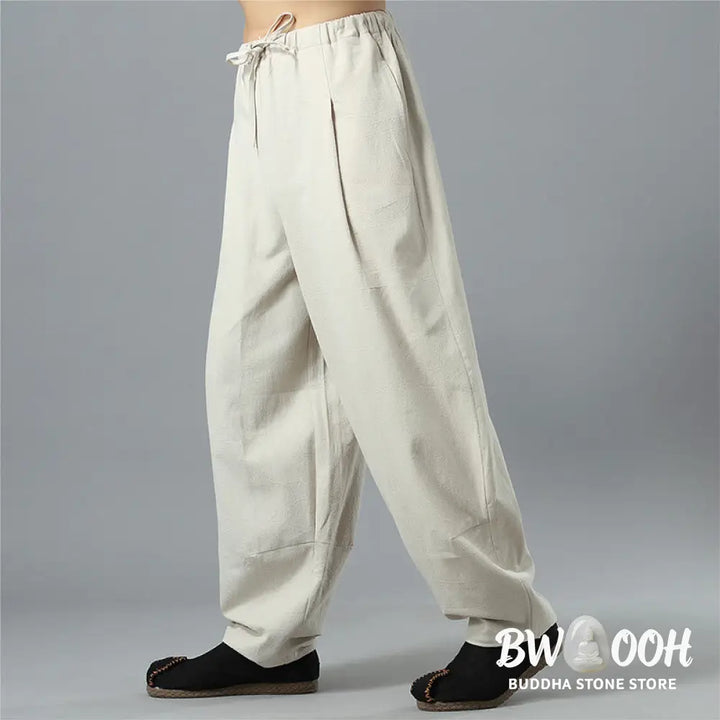 Buddha Stones Casual Solid Color Drawstring Cotton Linen Men’s Pants With Pockets - Men’s Pants