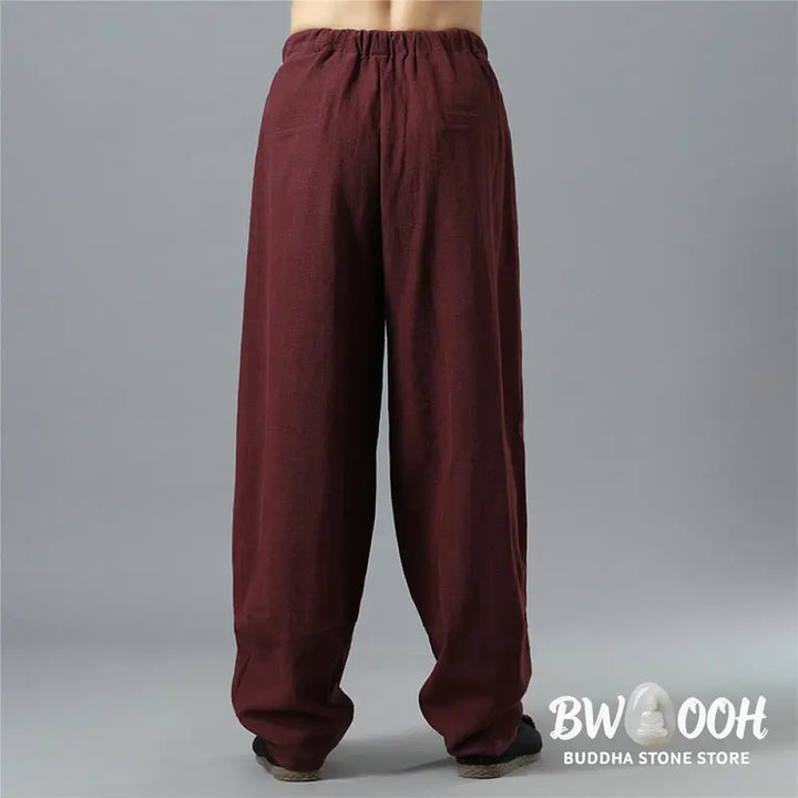 Buddha Stones Casual Solid Color Drawstring Cotton Linen Men’s Pants With Pockets - Men’s Pants