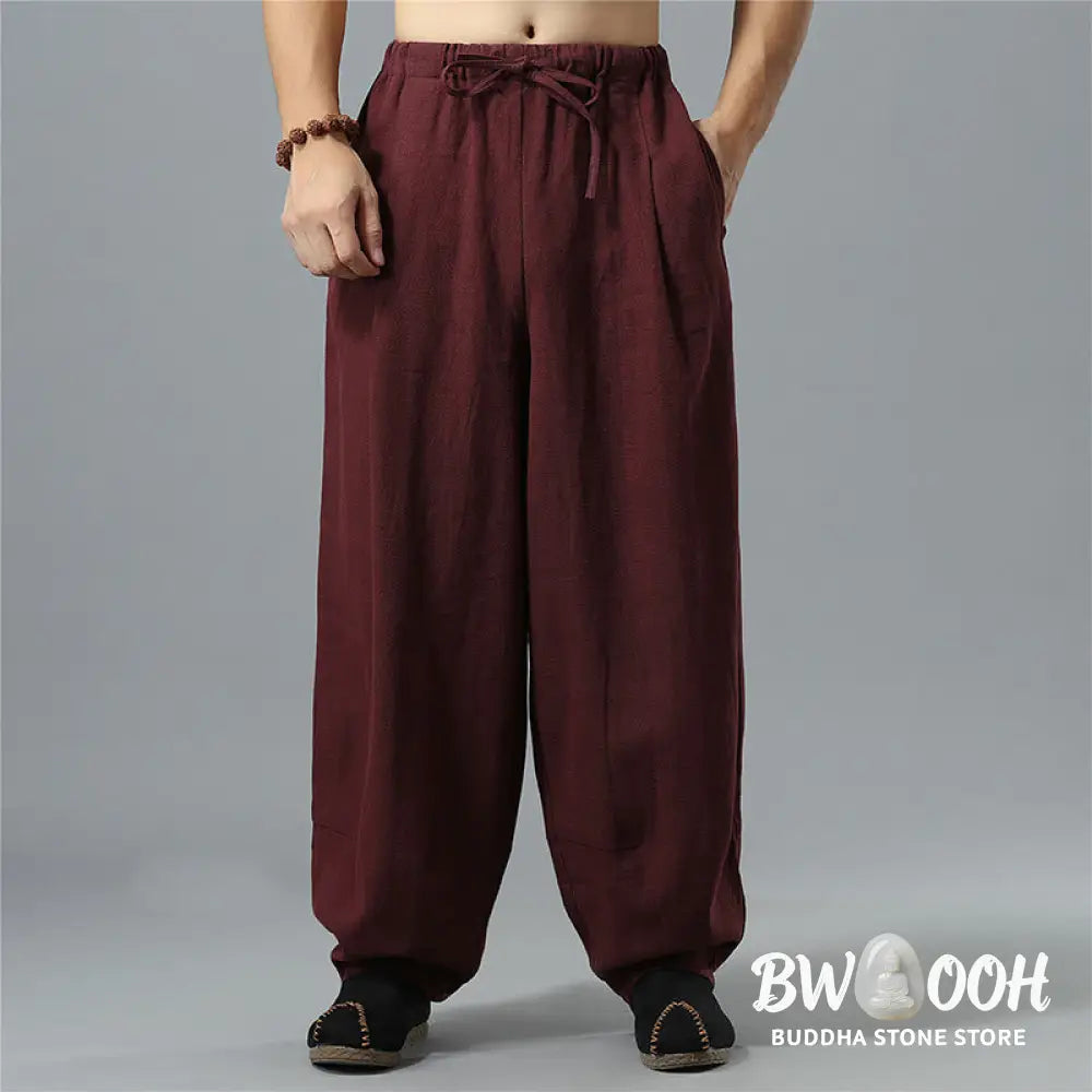 Buddha Stones Casual Solid Color Drawstring Cotton Linen Men’s Pants With Pockets - Men’s Pants