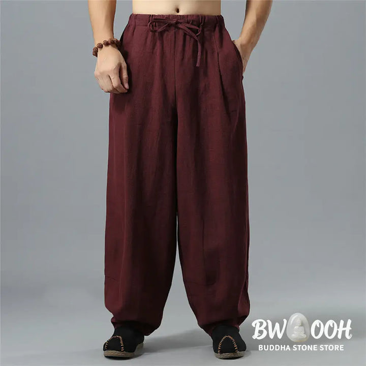 Buddha Stones Casual Solid Color Drawstring Cotton Linen Men’s Pants With Pockets - Men’s Pants