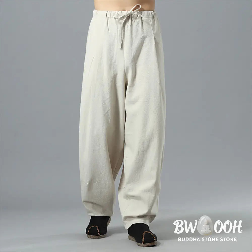 Buddha Stones Casual Solid Color Drawstring Cotton Linen Men’s Pants With Pockets - Men’s Pants