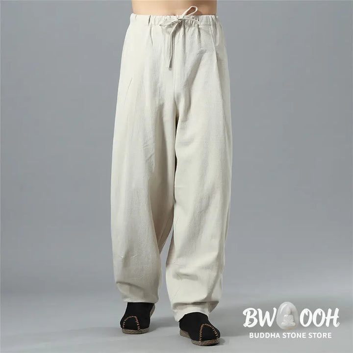 Buddha Stones Casual Solid Color Drawstring Cotton Linen Men’s Pants With Pockets - Men’s Pants