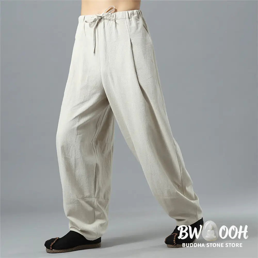 Buddha Stones Casual Solid Color Drawstring Cotton Linen Men’s Pants With Pockets - Men’s Pants