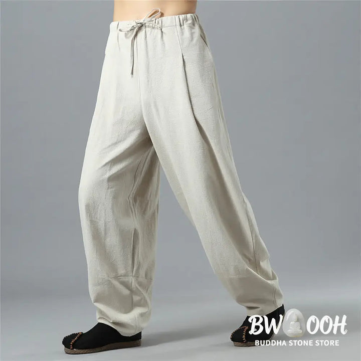 Buddha Stones Casual Solid Color Drawstring Cotton Linen Men’s Pants With Pockets - Men’s Pants