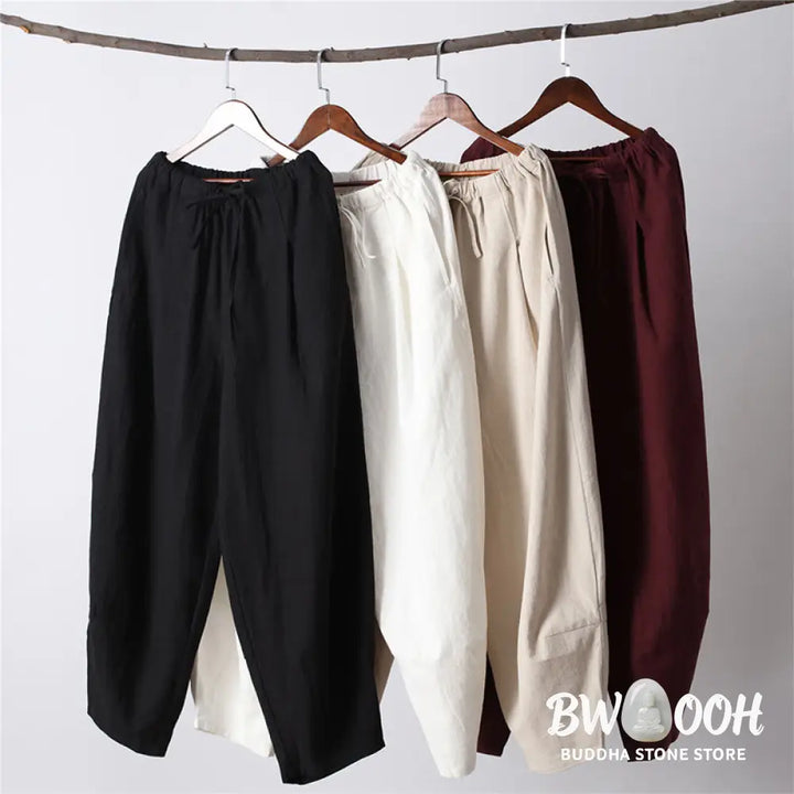 Buddha Stones Casual Solid Color Drawstring Cotton Linen Men’s Pants With Pockets - Men’s Pants