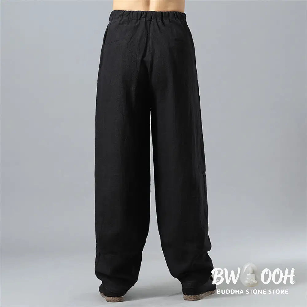 Buddha Stones Casual Solid Color Drawstring Cotton Linen Men’s Pants With Pockets - Men’s Pants