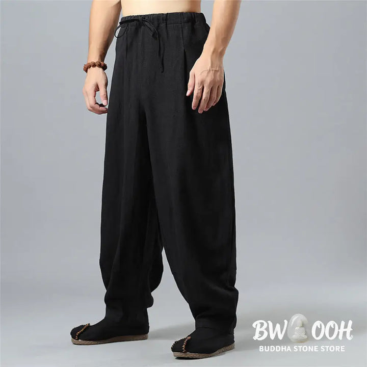 Buddha Stones Casual Solid Color Drawstring Cotton Linen Men’s Pants With Pockets - Men’s Pants