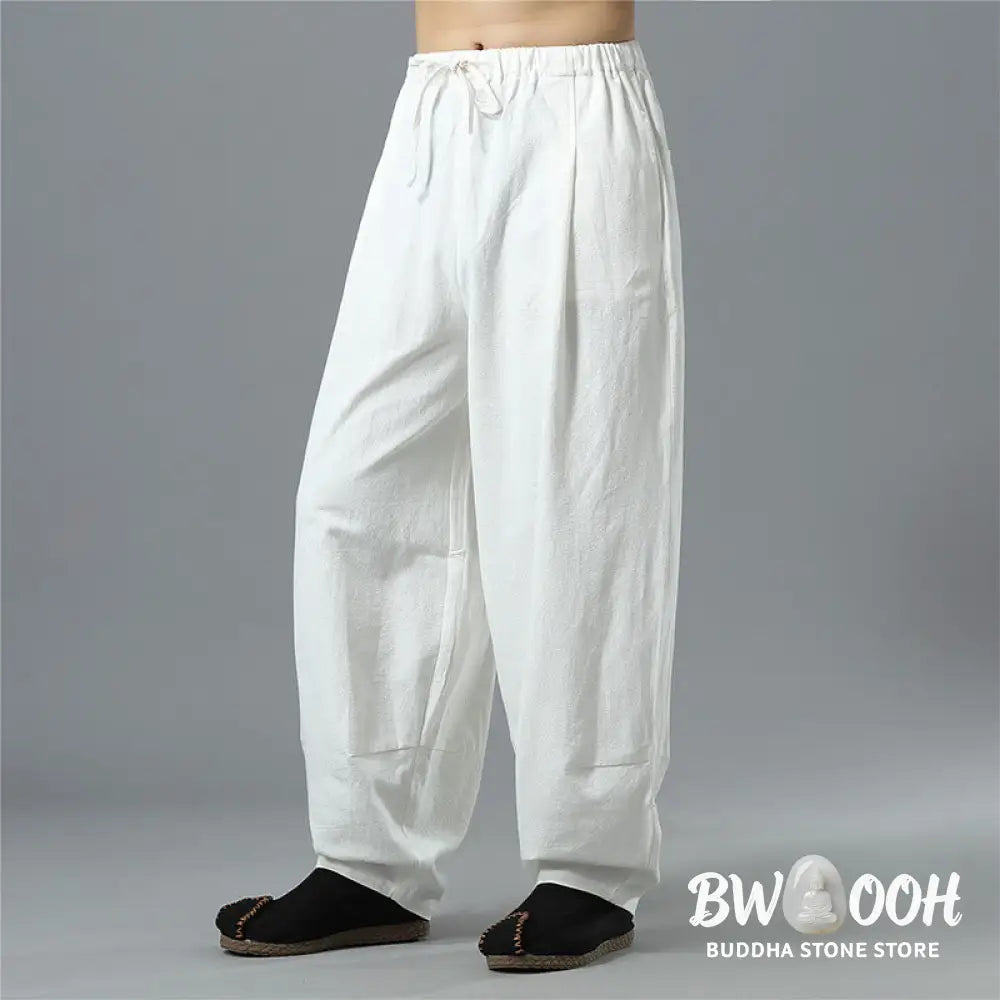 Buddha Stones Casual Solid Color Drawstring Cotton Linen Men’s Pants With Pockets - Men’s Pants