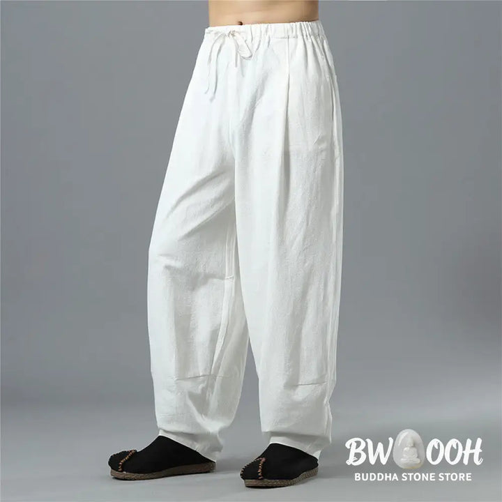 Buddha Stones Casual Solid Color Drawstring Cotton Linen Men’s Pants With Pockets - Men’s Pants