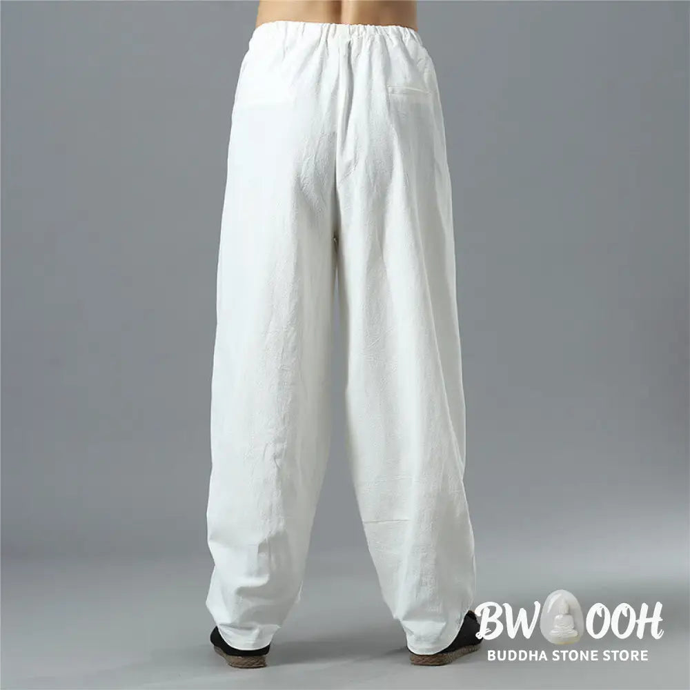 Buddha Stones Casual Solid Color Drawstring Cotton Linen Men’s Pants With Pockets - Men’s Pants