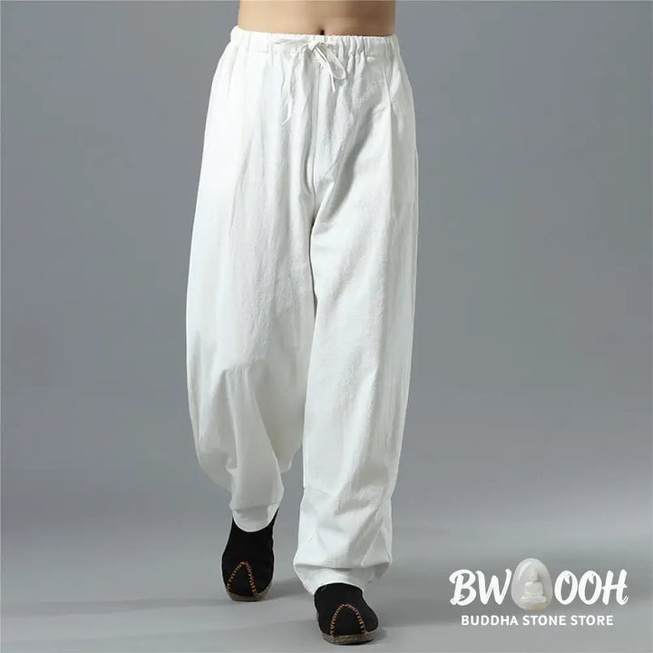 Buddha Stones Casual Solid Color Drawstring Cotton Linen Men’s Pants With Pockets - Men’s Pants