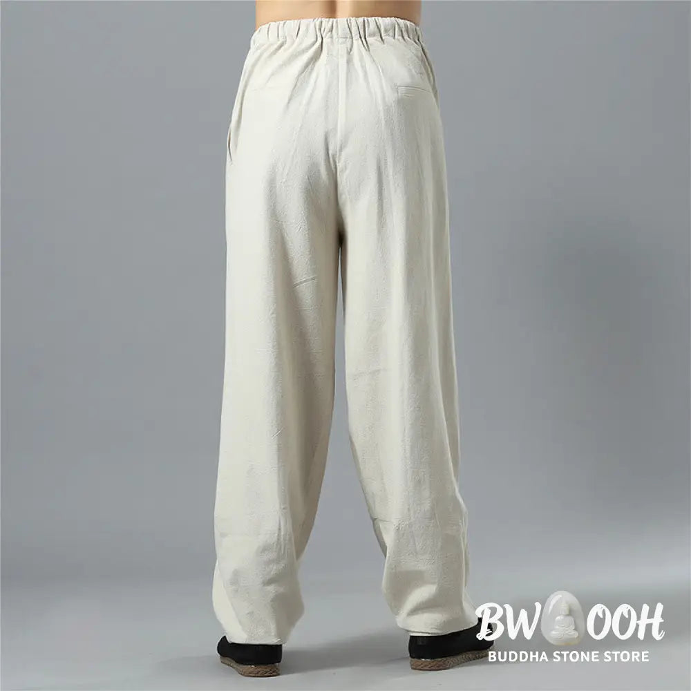 Buddha Stones Casual Solid Color Drawstring Cotton Linen Men’s Pants With Pockets - Men’s Pants