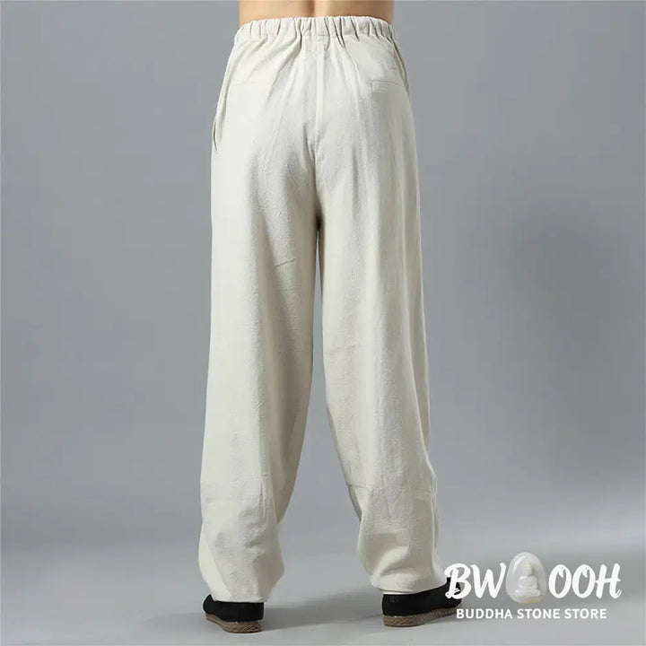 Buddha Stones Casual Solid Color Drawstring Cotton Linen Men’s Pants With Pockets - Men’s Pants