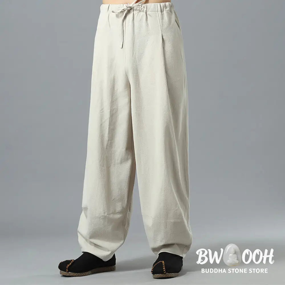 Buddha Stones Casual Solid Color Drawstring Cotton Linen Men’s Pants With Pockets - Men’s Pants