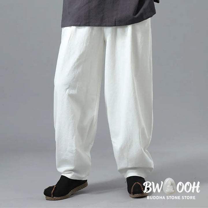 Buddha Stones Casual Solid Color Drawstring Cotton Linen Men’s Pants With Pockets - Men’s Pants