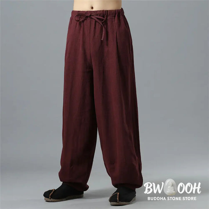 Buddha Stones Casual Solid Color Drawstring Cotton Linen Men’s Pants With Pockets - Men’s Pants