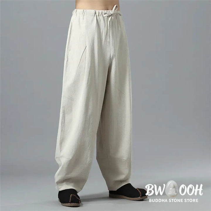 Buddha Stones Casual Solid Color Drawstring Cotton Linen Men’s Pants With Pockets - Men’s Pants