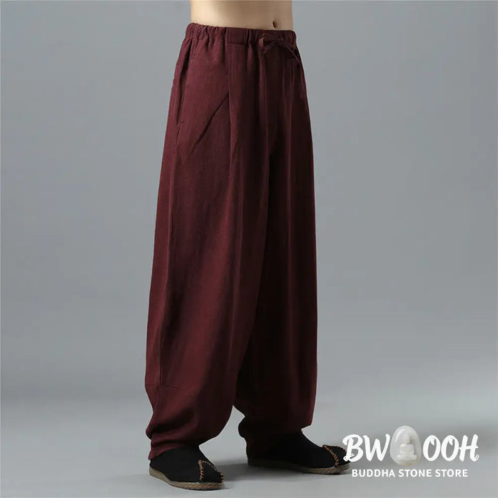 Buddha Stones Casual Solid Color Drawstring Cotton Linen Men’s Pants With Pockets - Men’s Pants