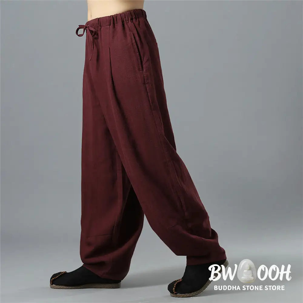 Buddha Stones Casual Solid Color Drawstring Cotton Linen Men’s Pants With Pockets - Men’s Pants